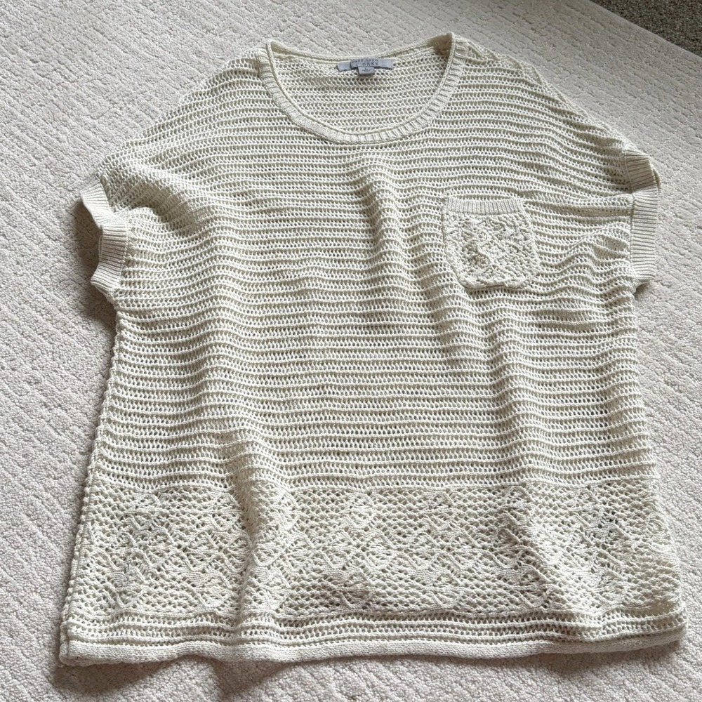 Ruff Hewn Grey - Cream Open Knit Crochet Pocket Sweater Top Large Boho‎ Beachy